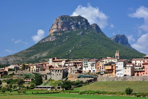 a town on a hill with a mountain in the background at Càmping Organyà Park in Organyà