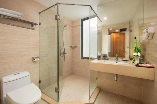 La salle de bains est pourvue d'une douche, de toilettes et d'un lavabo. dans l'établissement Aviary Hanoi Hotel & Travel, à Hanoï
