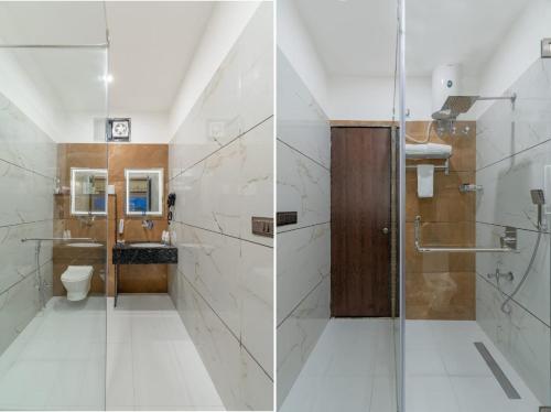 two images of a bathroom with a shower and a toilet at Traavista Aravali Mahal in Udaipur
