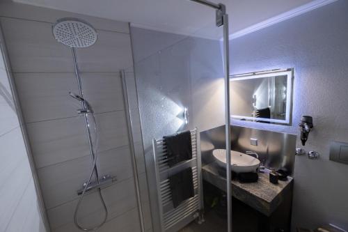 a bathroom with a shower and a toilet and a sink at 180Gradblick in Kierwang