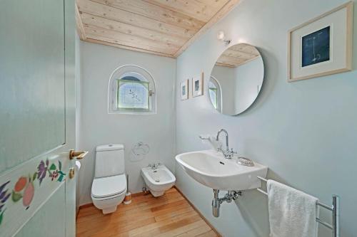 a bathroom with a sink and a toilet and a mirror at Chesa Alvan - Surlej in Surlej