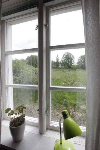 a window with a green vase and a plant on a window sill at Kurrebo Vandrarhem in Urshult