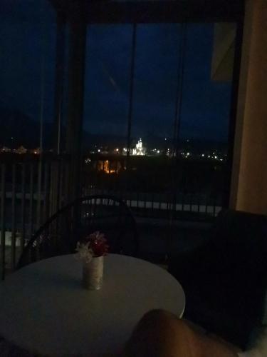 a table with a vase of flowers on top of a window at Apartment Lukavica in Lukavica