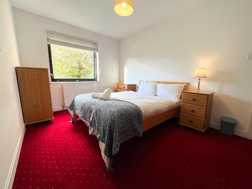 sypialnia z łóżkiem i czerwonym dywanem w obiekcie Anniesland Glasgow 1bd Flat - Free Parking w Glasgow