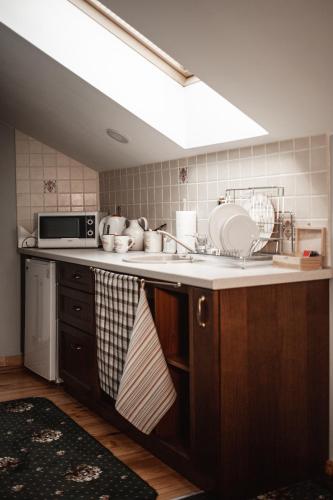 a kitchen with a sink and a microwave at Ekaterinoslav in Dnipro