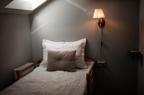 a bedroom with a bed with a pillow on it at Ekaterinoslav in Dnipro