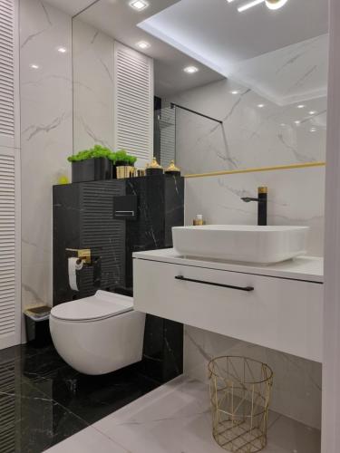 a bathroom with a toilet and a sink at Apartament Wyspiański in Sanok