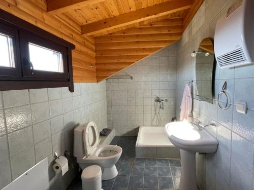 La salle de bains est pourvue de toilettes, d'un lavabo et d'une baignoire. dans l'établissement Chalet Klimatia - Όμορφη ξύλινη μεζονέτα με τζάκι, 