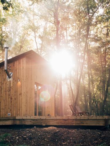 a cabin in the woods with the sun shining through the trees at Youza ecolodge in La Couture-Boussey