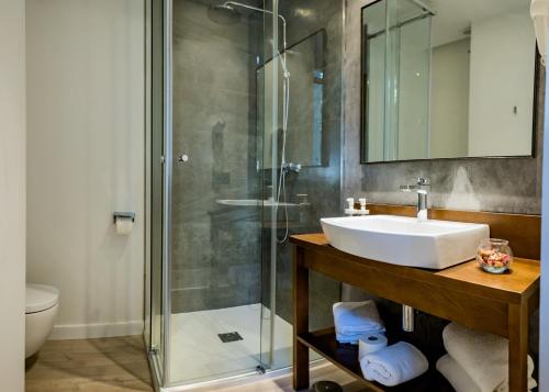 a bathroom with a sink and a shower at Casa Palacio La Casa Blanca Suites in Seville