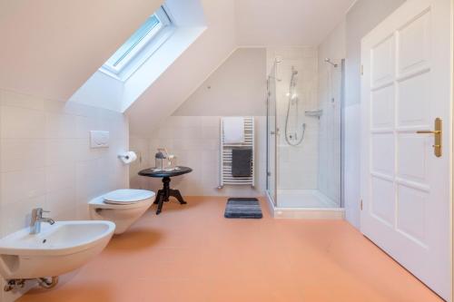 La salle de bains est pourvue d'un lavabo, de toilettes et d'une douche. dans l'établissement Alpen Living - 2 Stock, à Cadipietra