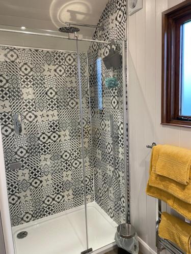 a shower with a glass door in a bathroom at The Hut in the Orchard @ Yorecroft in Aysgarth