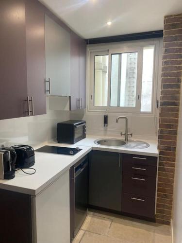 une cuisine avec un évier et un micro-ondes dans l'établissement Paris Marais Arev, à Paris