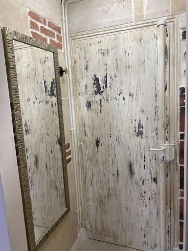 - une salle de bains avec un miroir à côté d'une porte dans l'établissement Paris Marais Arev, à Paris