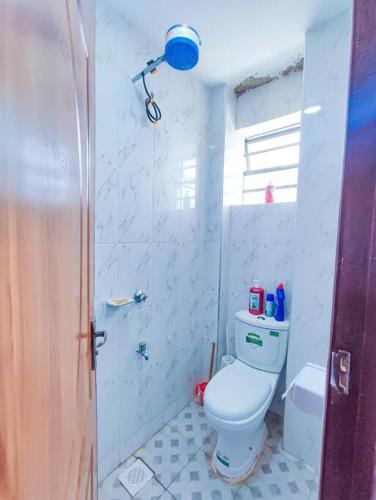 ナイロビにあるLaMeg Furnished Studio in Fedhaのトイレとシャワー付きの白いバスルーム