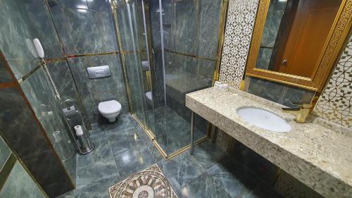 a bathroom with a shower and a sink and a toilet at Asur Hotel in Istanbul