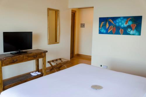 a bedroom with a bed and a tv on a table at Correntoso Lake & River Hotel in Villa La Angostura