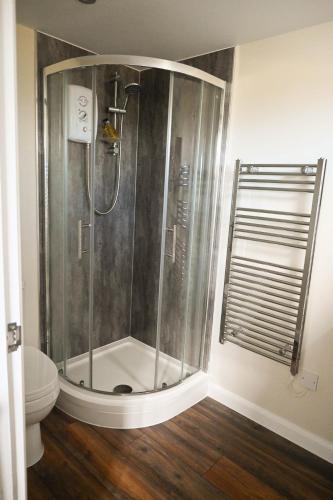 a shower stall in a bathroom with a toilet at Sweet Pea Cabin in Badsey