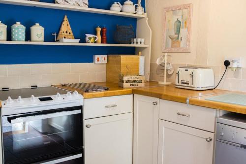 a kitchen with a stove and a toaster on a counter at Batney Farm Cottage, Meshaw, South Molton in South Molton