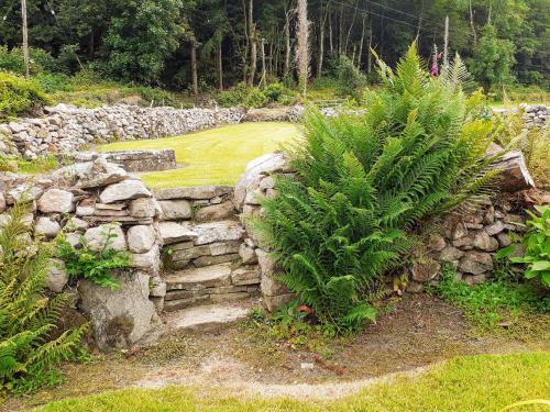 a stone retaining wall in a garden with plants at Lackaroe Cottage in Garrykennedy