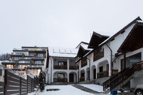 a group of buildings with snow on the ground at Pensiunea Encian in Colibiţa