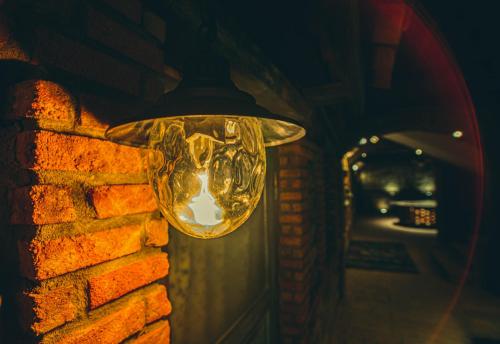 a lamp hanging on a brick wall with a mirror at Boutique Hotel Kviria in Tʼelavi