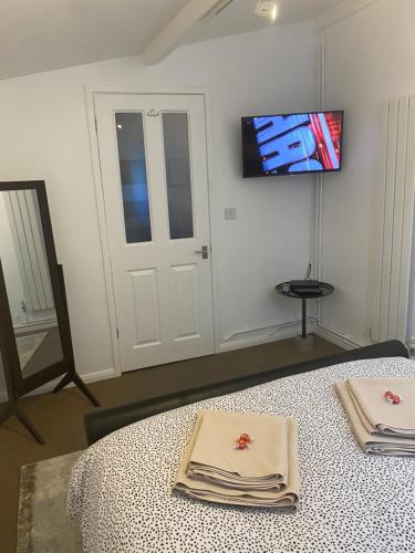 a room with a bed and a tv on the wall at Self-contained, Framlingham Snug, Private Parking, no cooking facilities in Framlingham