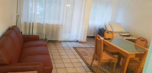 Joanna Apartment - Schwetzingen 2 في شفيتزينجين: غرفة معيشة مع أريكة وطاولة
