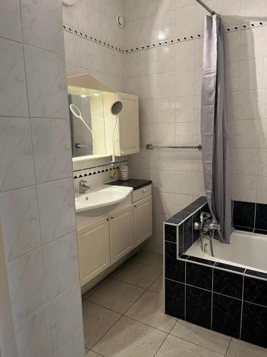 a bathroom with a sink and a mirror and a tub at Bel appartement avec vue sur parc - Tour Japonaise in Brussels