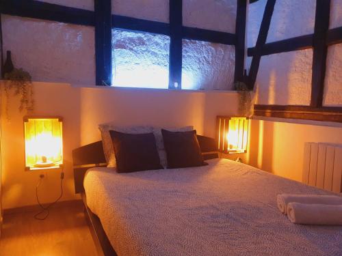a bedroom with a large bed with two lights on it at Aux Plaisirs d'Alsace Centre Historique in Sélestat