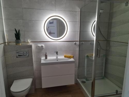 ein Badezimmer mit Waschbecken, Toilette und Spiegel in der Unterkunft Łebskie Zacisze - apartamenty Łebska Ostoja- Piaskowa in Żarnowska