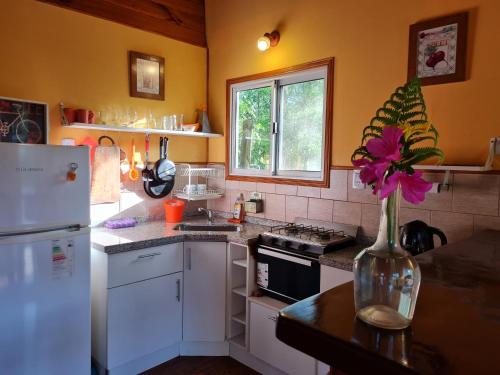 una cocina con una nevera blanca y un jarrón con una flor. en Cabaña Sol de Medianoche Delta Tigre en Tigre