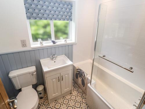 a bathroom with a toilet and a sink and a shower at Lilac Cottage in Windermere