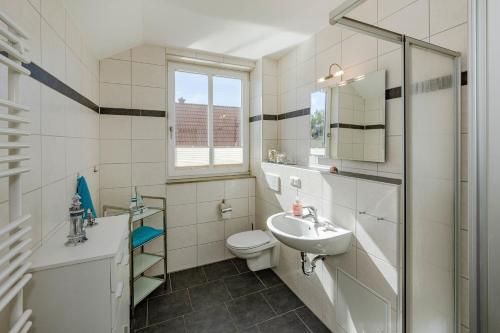 コルスヴァントにあるFerienhaus Inesのバスルーム(洗面台、トイレ、鏡付)