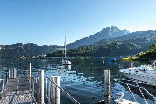 a group of boats docked at a dock on a lake at Seehotel Sternen in Luzern