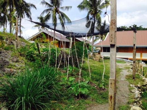 a house on a hill with palm trees and a net at Liwayway sa Bohol Pamilacan Resort in Baclayon