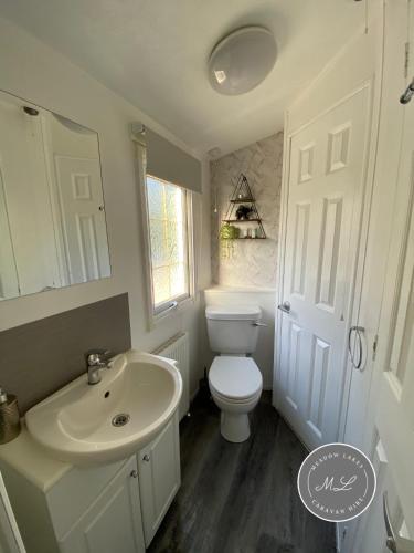 a white bathroom with a toilet and a sink at Palm Grove 2- Golden Palm - Pet friendly, WiFi, bed linen, central heating - Meadow Lakes Caravan & Lodge Hire in Chapel Saint Leonards