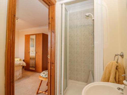 een badkamer met een douche en een wastafel bij Corner House in Cinderford