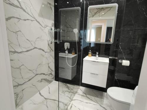 Baño en blanco y negro con lavabo y espejo en Piękny apartament 3-pokojowy, en Katowice