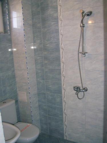 a bathroom with a shower with a toilet and a sink at Sianie Guest House in Ravda