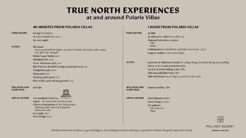 a breakdown of the five north experiences at and around products wines at Polaris Villas in Muonio