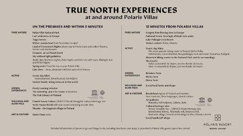 a menu of nine north experiences at and around plants wines at Polaris Villas in Muonio