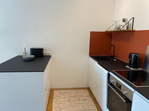 a kitchen with a sink and a counter top at Modernes City Apartment im Scandinavian Design in Hamburg