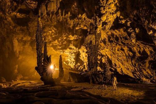 a cave with trees and a light in it at Khách sạn Hoàng Trang in Cao Bằng