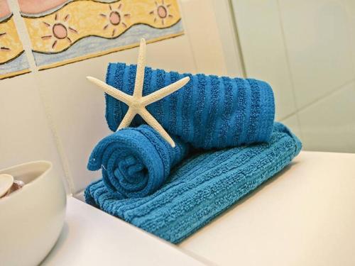 uma toalha azul com uma estrela-do-mar sobre o balcão em Sea-esta WIF Foxtel Pet Friendly em Goolwa South