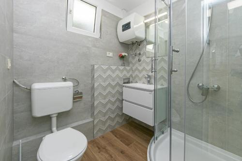 德拉辛歇的住宿－Apartments by the sea Drasnice, Makarska - 6652，一间带卫生间和玻璃淋浴间的浴室