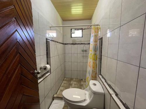 a small bathroom with a toilet and a shower at Large & Confortable Family House in Fortuna