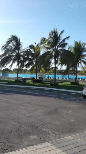 a street with palm trees and the ocean in the background at Playa Blanca Town Center in Río Hato