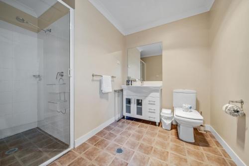 a bathroom with a toilet and a shower and a sink at Poley Cow Studio Lakeviews in Jindabyne