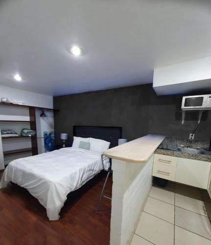 a bedroom with a bed and a kitchen with a sink at Super Suite con baño y cocina excelente ubicación in Mexico City